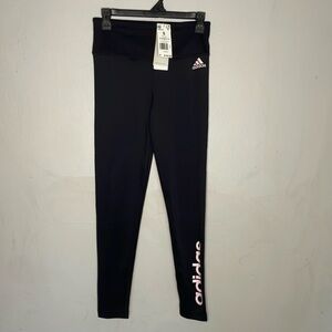Adidas black fitted leggings with light pink logo